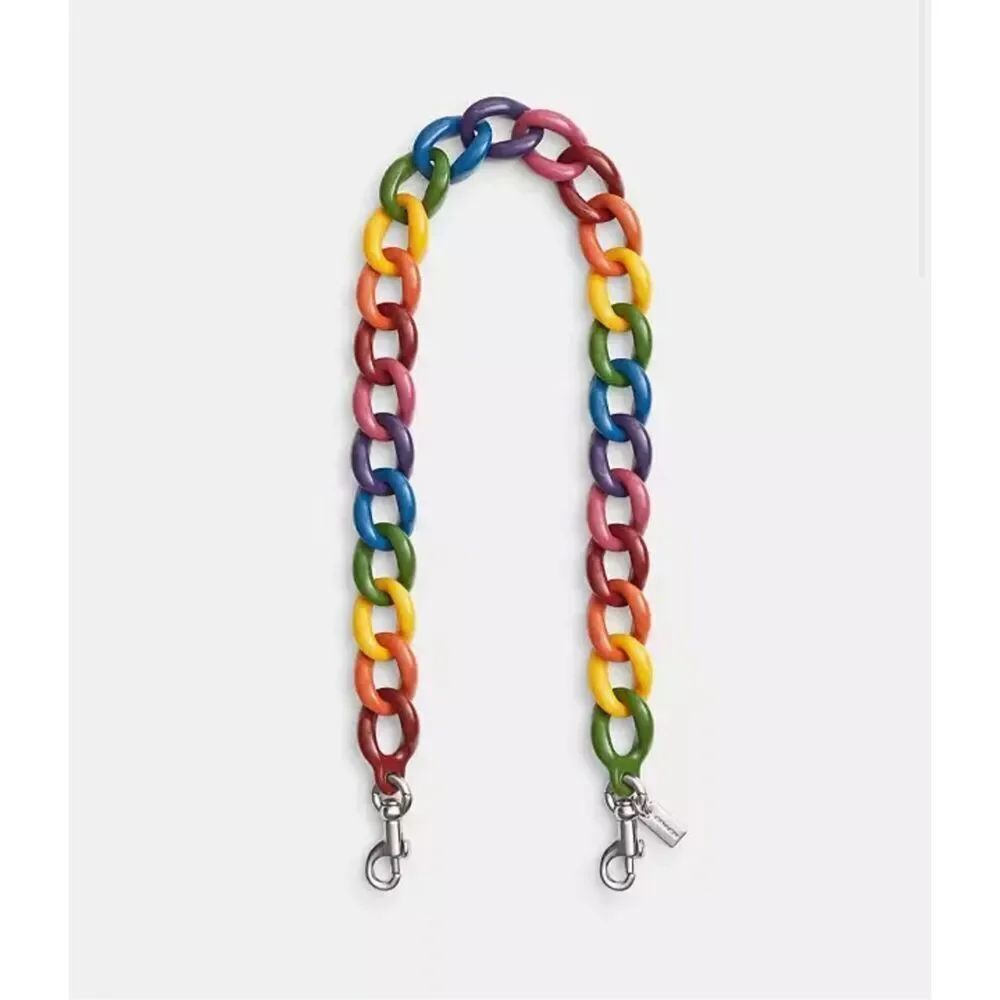 Coach resin/ acrylic rainbow chain link strap bag purse charm nwt & satin bag